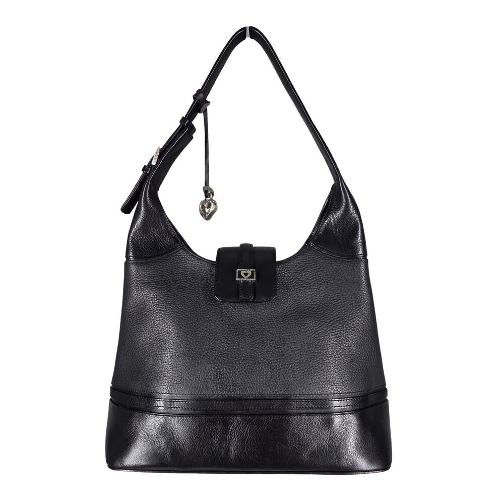 BRIGHTON WOMEN'S BLACK DANIA LEATHER HANDBAG HEART CHARM FLAP CLOSURE 14X11X5